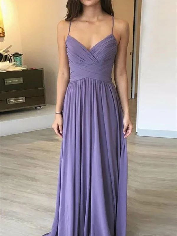 Spaghetti Long A-line Purple Chiffon Bridesmaid Dresses, Long Bridesmaid Dresses