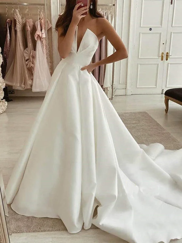 Strapless A-line Long Wedding Dresses, Popular Satin Wedding Dresses, Bridal Gowns