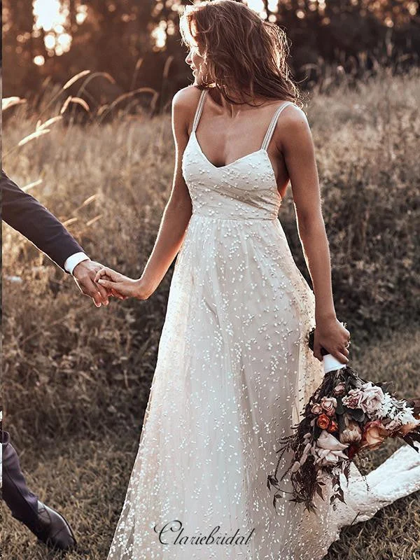 Straps Open Back Wedding Dresses, Elegant Lace Wedding Dresses