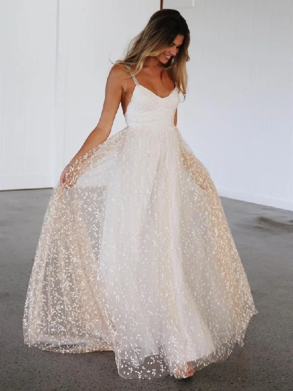 Straps Sequin Tulle Wedding Dresses, Boho Wedding Dresses, Long Wedding Dresses, Newest Wedding Dresses