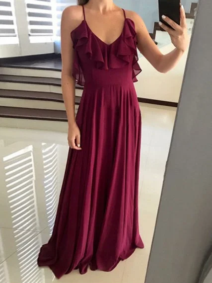 V-neck A-line Burgundy Chiffon Bridesmaid Dresses, Simple Affordable Bridesmaid Dresses