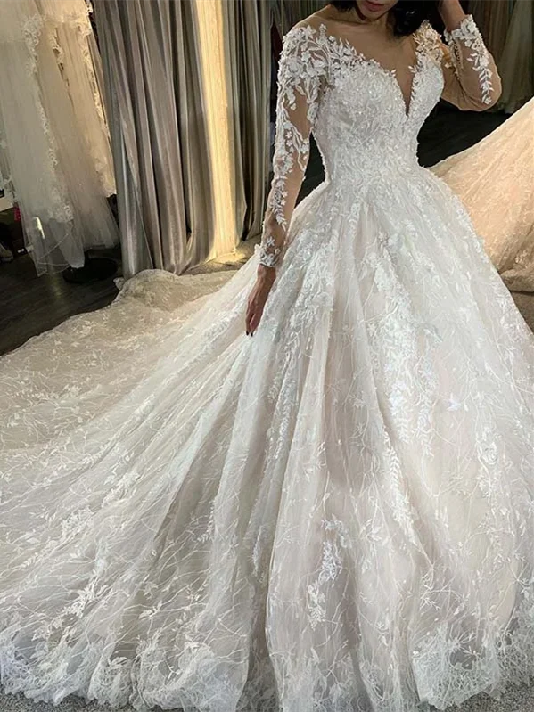 V-neck Long Sleeves Lace Tulle Wedding Dresses, Long Wedding Dresses, Elegant Long Wedding Dresses