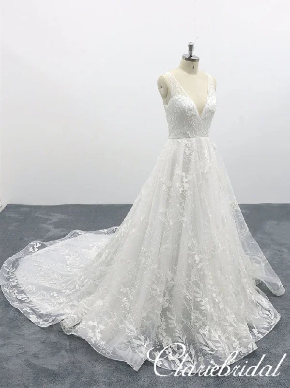 V-neck Sleeveless Lace Tulle Long Wedding Dresses, Bridal Gown